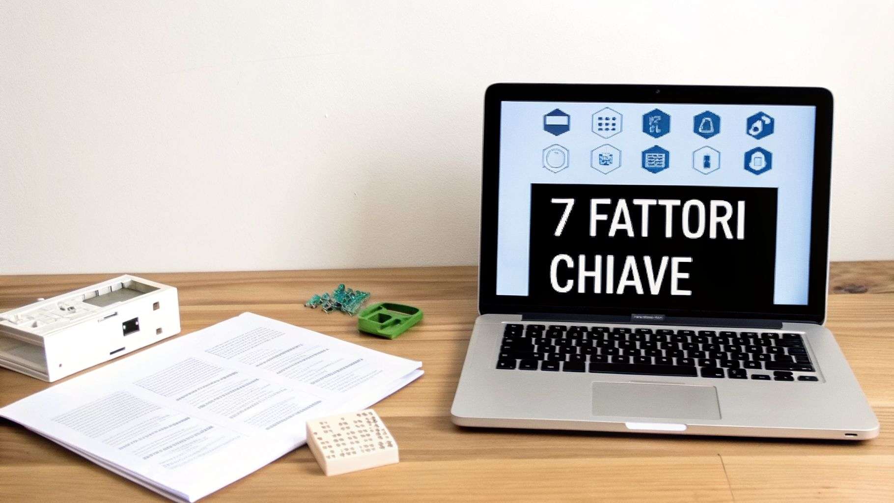 Un laptop su una scrivania di legno mostra lo schermo con '7 FATTORI CHIAVE' e icone, affiancato da documenti e componenti elettronici.