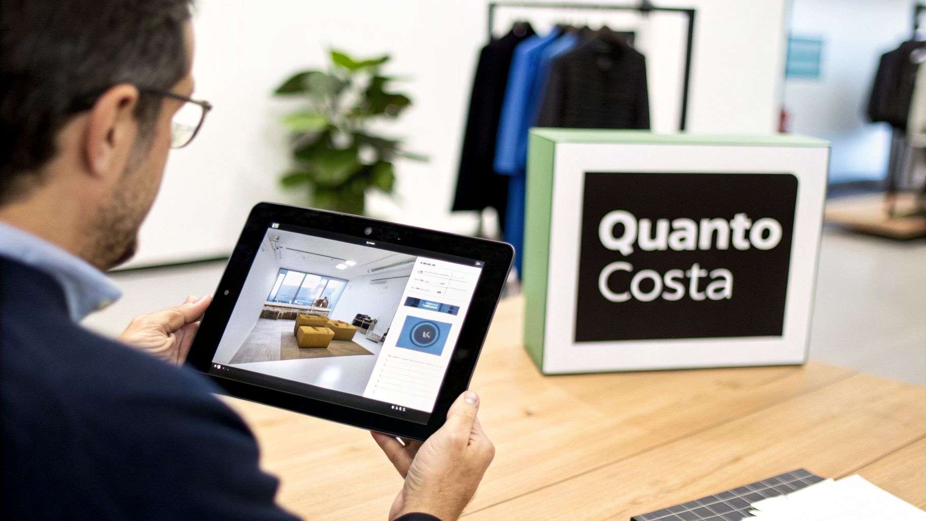 Uomo visualizza un configuratore 3D di interni su un tablet, vicino a un cartello con la scritta "Quanto Costa".