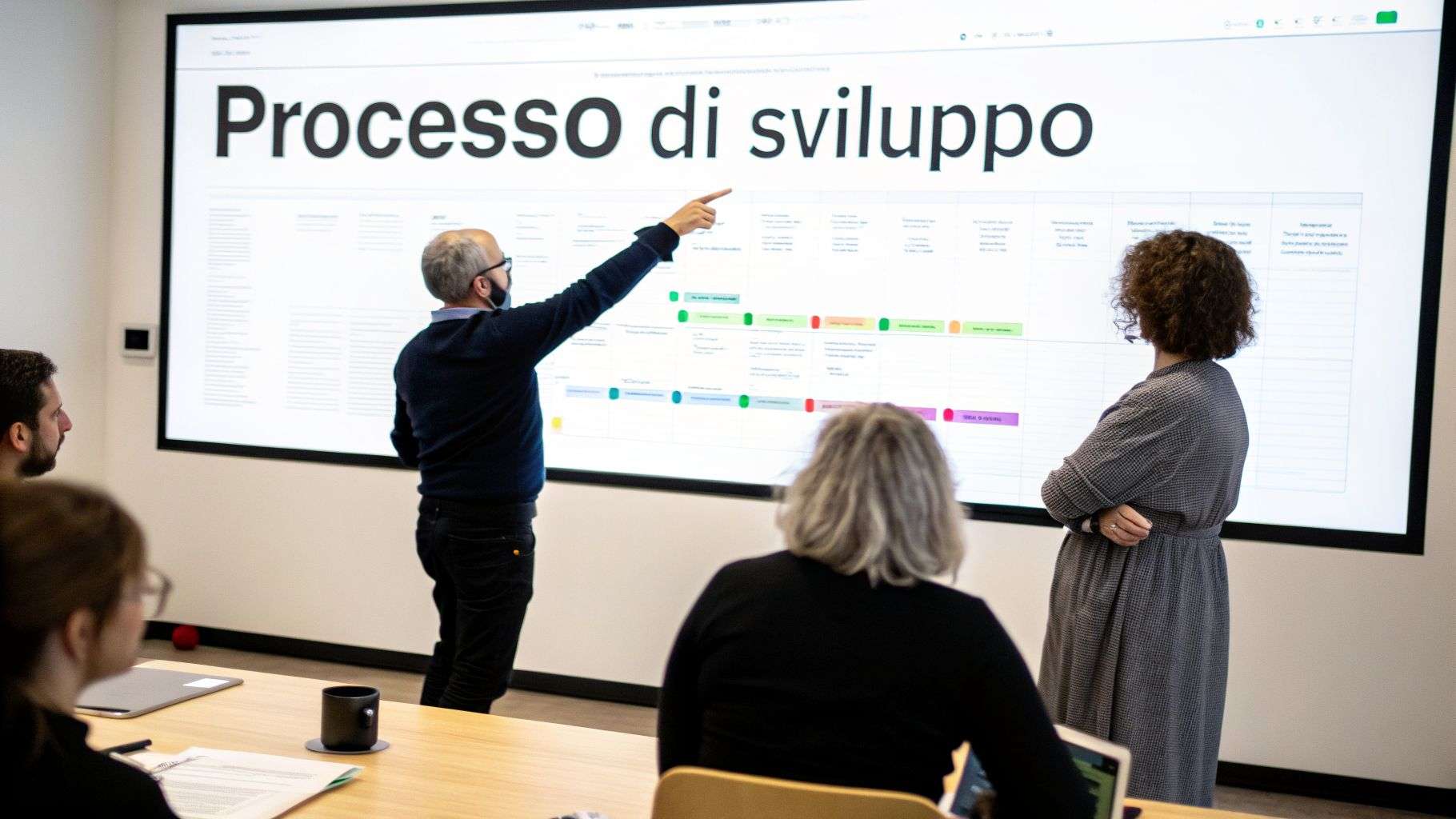 Uomini e donne in una sala riunioni osservano uno schermo che mostra il 'Processo di sviluppo'.