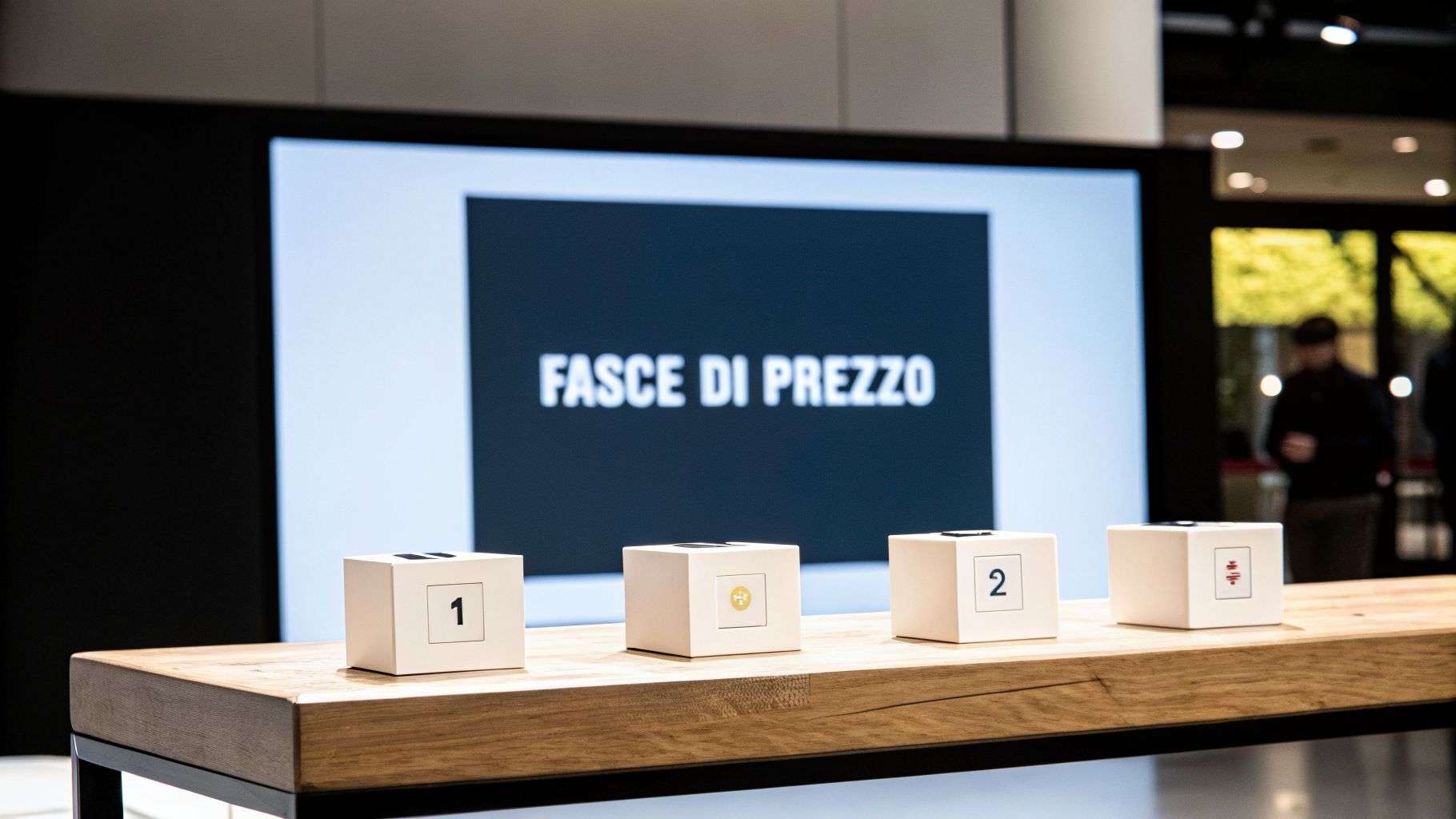 Quattro cubi bianchi numerati su un tavolo di legno davanti a uno schermo con scritto 'FASCE DI PREZZO'.