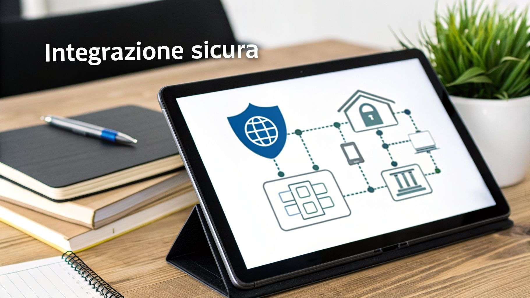 Tablet che mostra uno schema di integrazione sicura per sistemi digitali e domotica, su una scrivania.