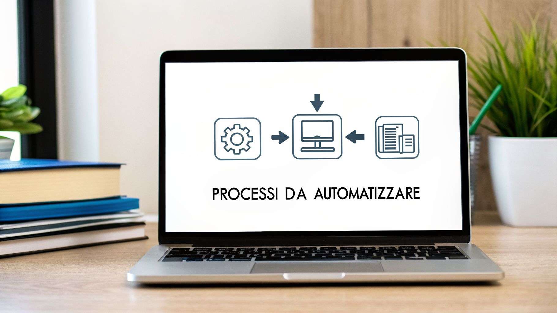 Laptop su scrivania in legno che mostra un diagramma di processi da automatizzare, con libri e una pianta.