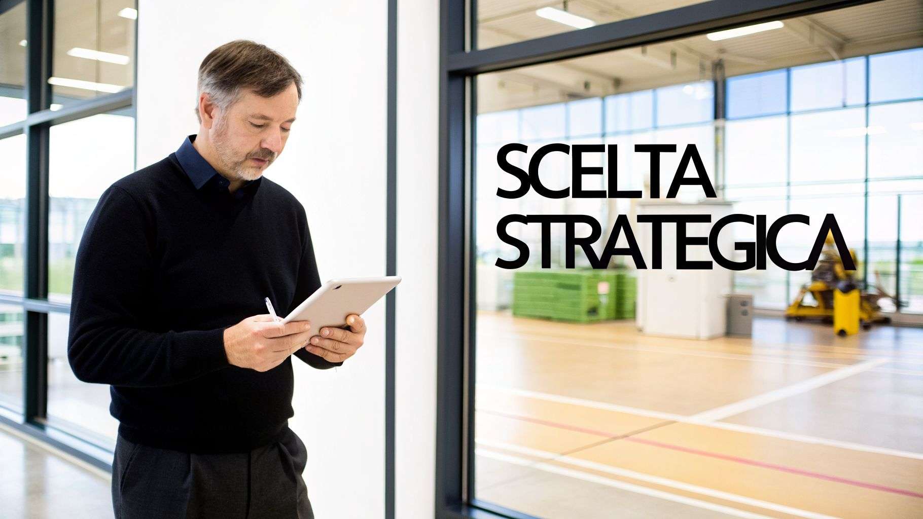 Un uomo in un maglione nero consulta un tablet, con la scritta "SCELTA STRATEGICA" visibile attraverso una finestra.