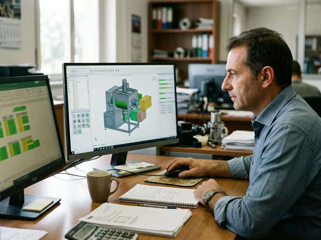 Responsabile acquisti alla scrivania che configura una macchina industriale in 3D sul monitor