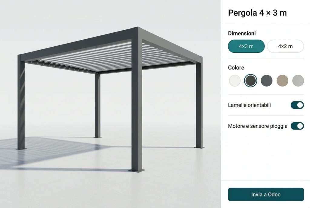 Configuratore 3D di una pergola in alluminio con opzioni e invio a Odoo (esempio illustrativo)