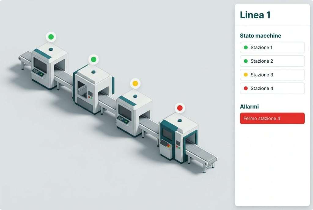 Digital twin di una linea di produzione con lo stato di ogni stazione e gli allarmi (esempio illustrativo)