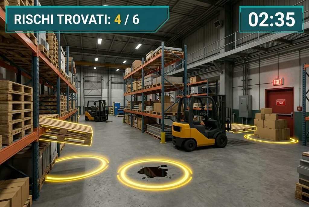 Serious game sulla sicurezza in un magazzino con i rischi da trovare (esempio illustrativo)