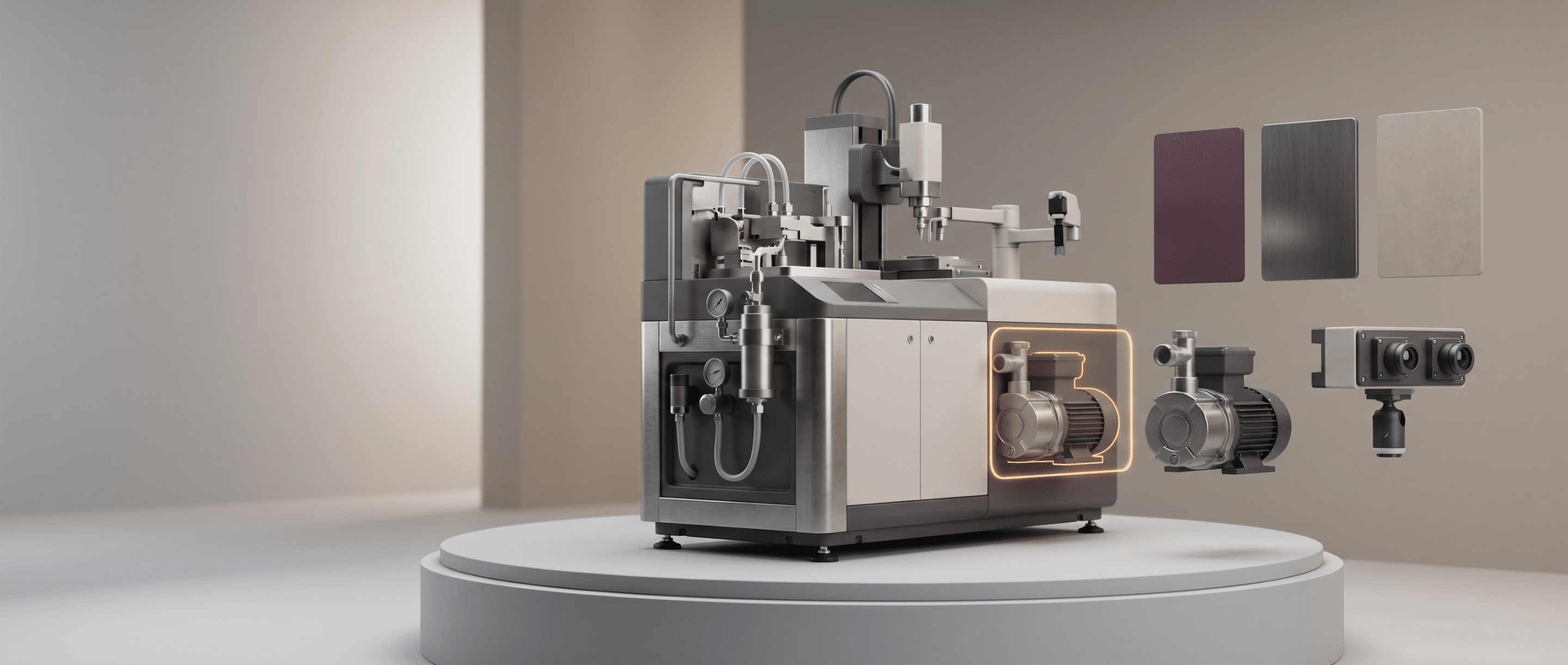Render 3D di un configuratore di prodotto: macchina modulare con varianti di colore e moduli opzionali