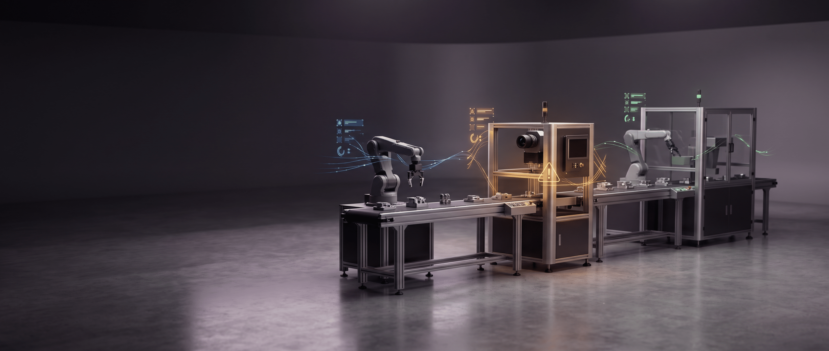 Render 3D di un digital twin di una linea di produzione a tre stazioni con indicatori di stato