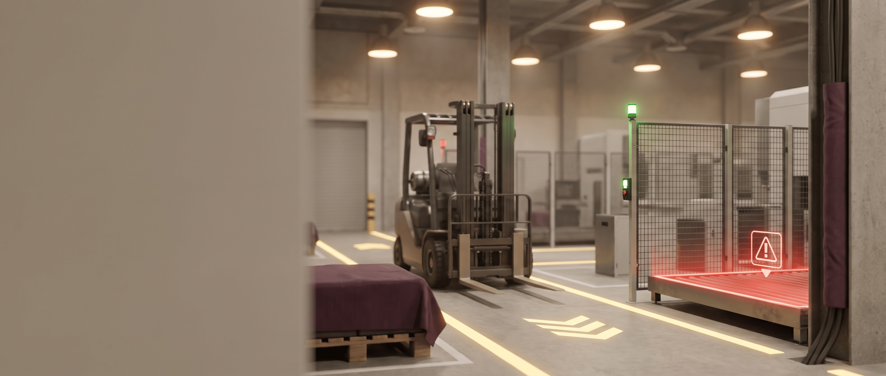 Scena 3D di un serious game sulla sicurezza in fabbrica con zone di pericolo evidenziate