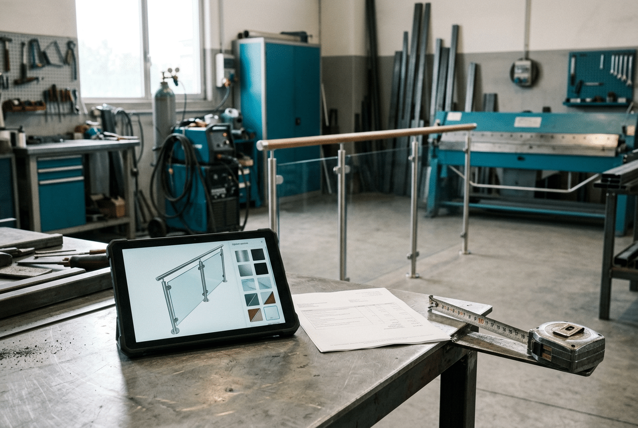Tablet con il configuratore 3D di un parapetto in acciaio e vetro su un banco di officina, accanto a un preventivo